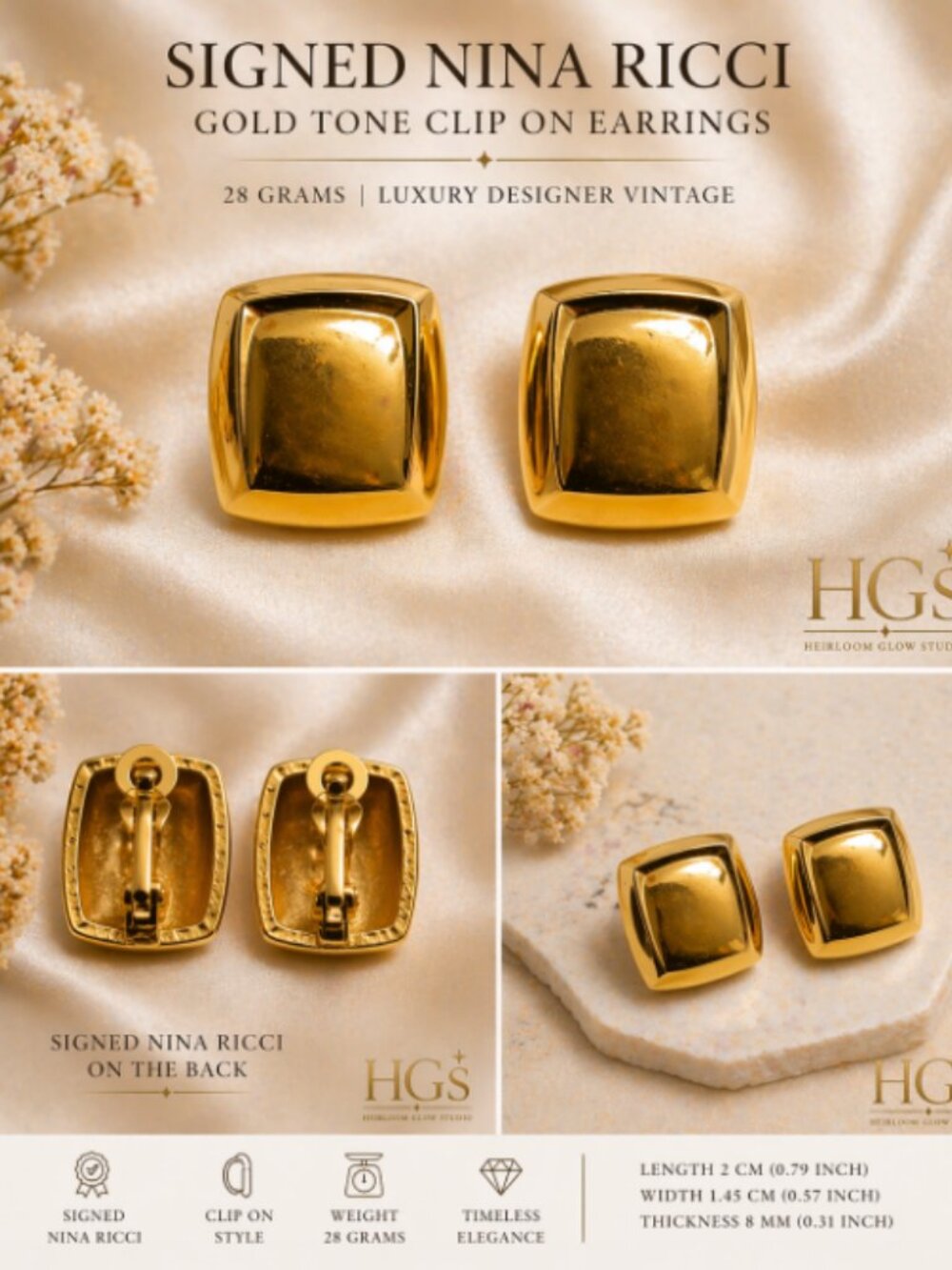 Signed Nina Ricci Gold Tone Clip-On Earrings | Vintage Designer Statement Earrin